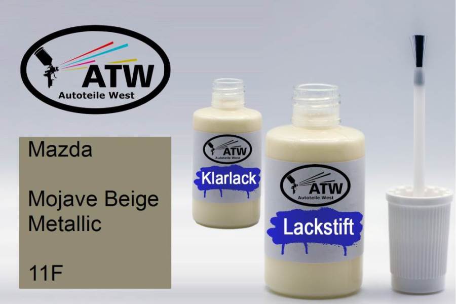 Mazda, Mojave Beige Metallic, 11F: 20ml Lackstift + 20ml Klarlack - Set, von ATW Autoteile West.